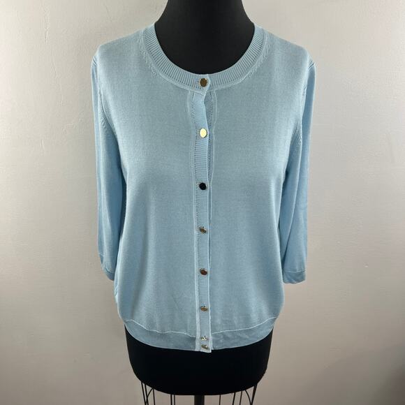 ST. JOHN Blue Cardigan Sweater Wool Button Front Ribbed Crew Neck Knit Sz Medium - Picture 2 of 9